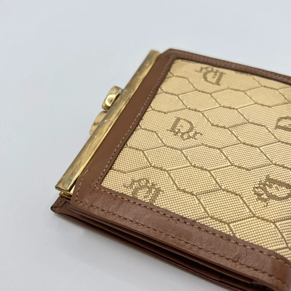 Authentic Christian DIOR Vintage Honeycomb Leather & Canvas Compact Wallet